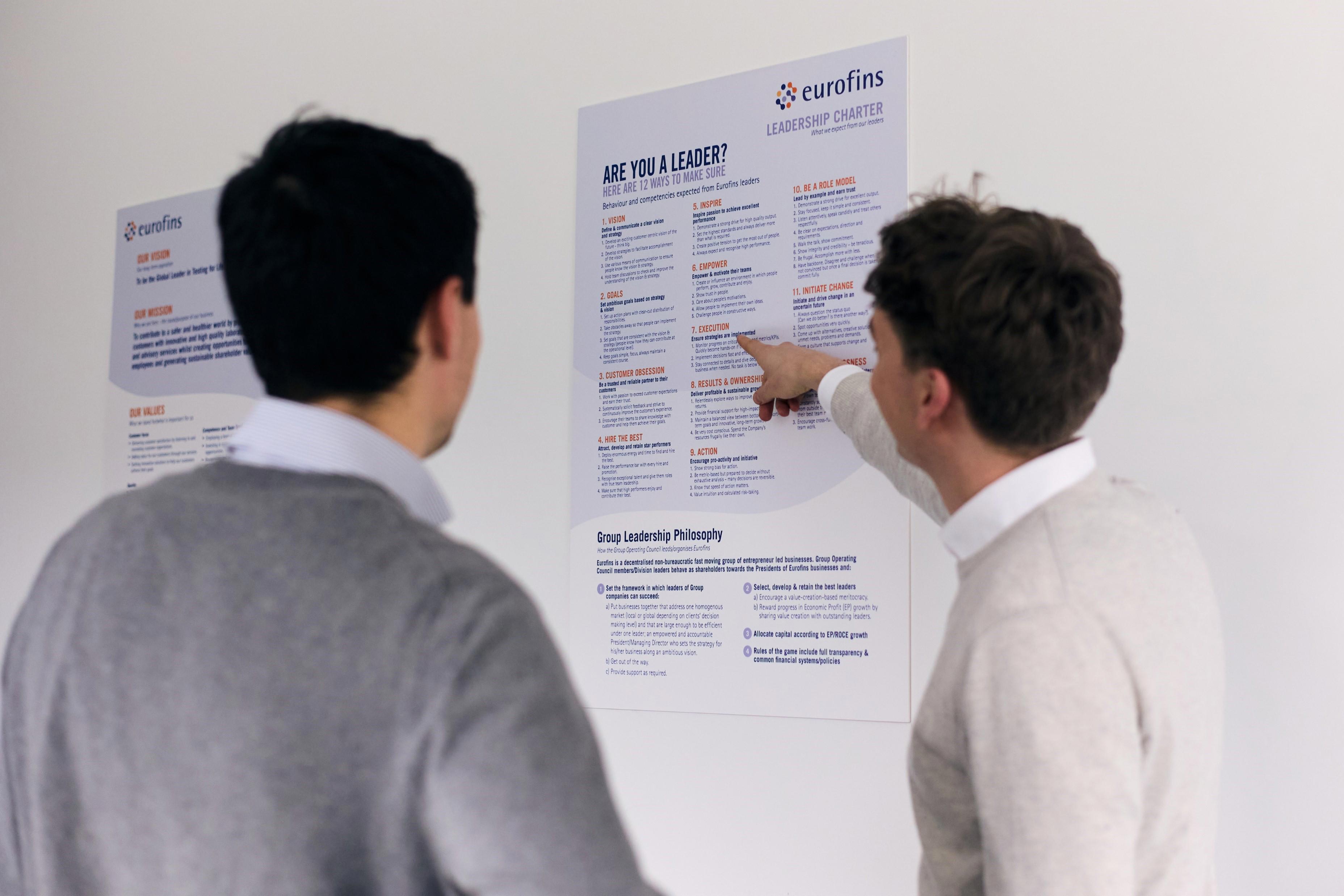 Two individuals are standing in front of a wall, looking at and discussing a poster titled "Are You A Leader?" The poster contains various bullet points and text related to leadership principles. One individual is pointing at the poster while the other listens attentively. 