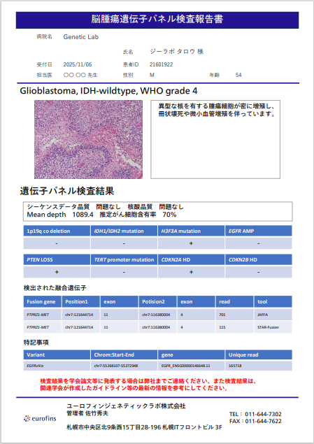 脳腫瘍遺伝子パネル検査報告書