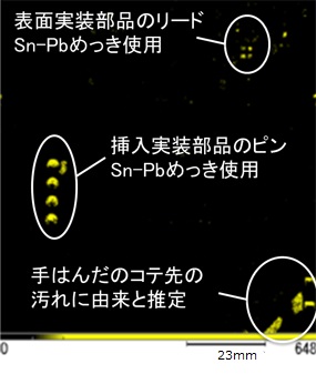 錫と鉛の共存部(黄)を表示。鉛を含むNGはんだを特定