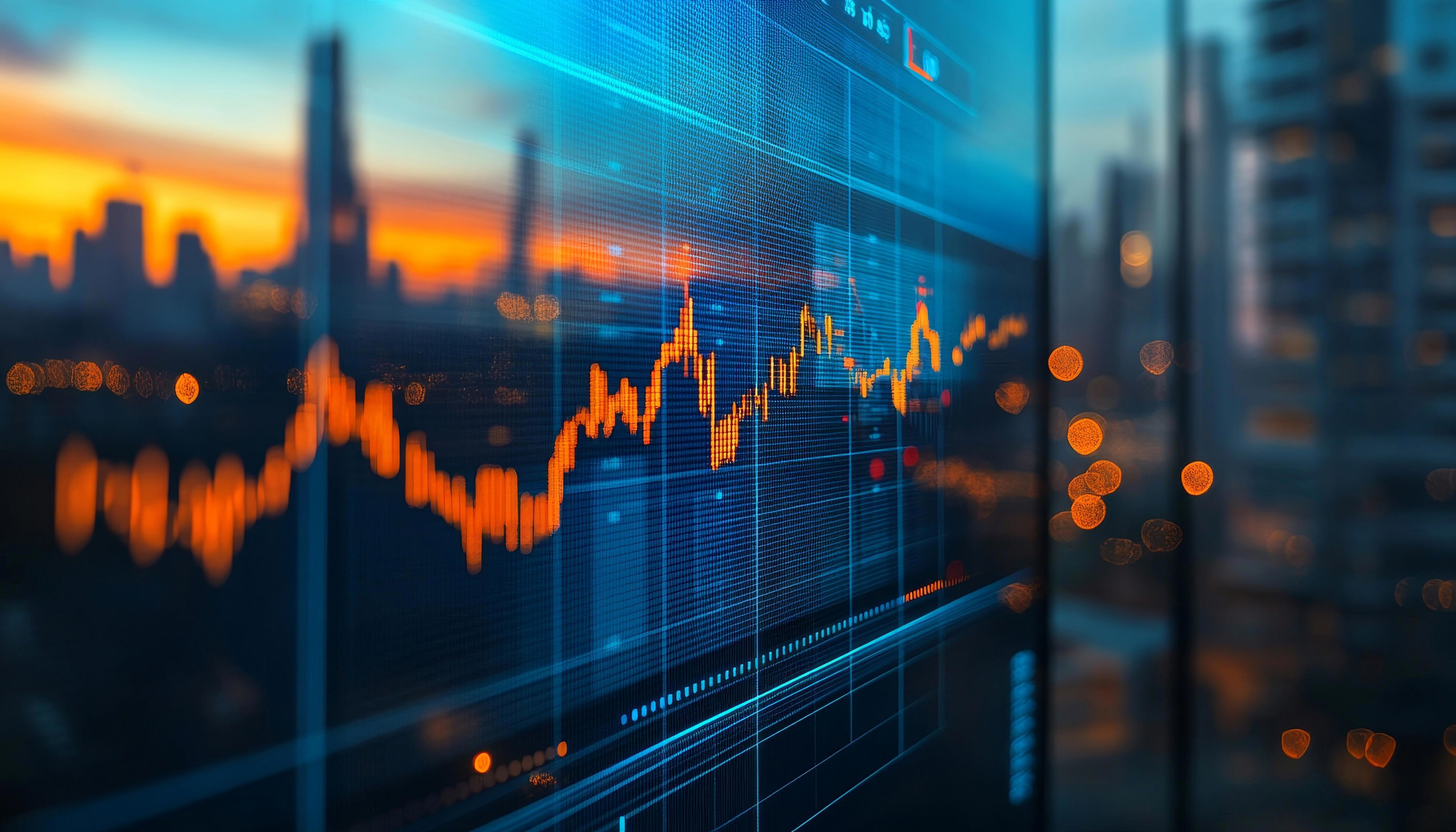 A digital screen displays a financial chart with fluctuating orange lines representing stock market data. The background shows a cityscape at sunset, with skyscrapers and blurred lights, creating a dynamic and modern atmosphere.
