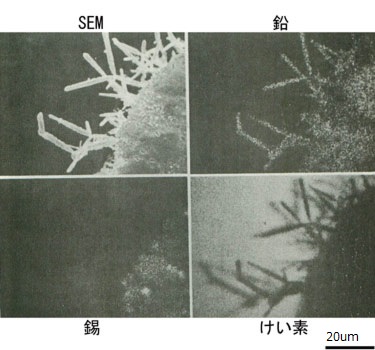 鉛はんだ電極に発生した針状物質