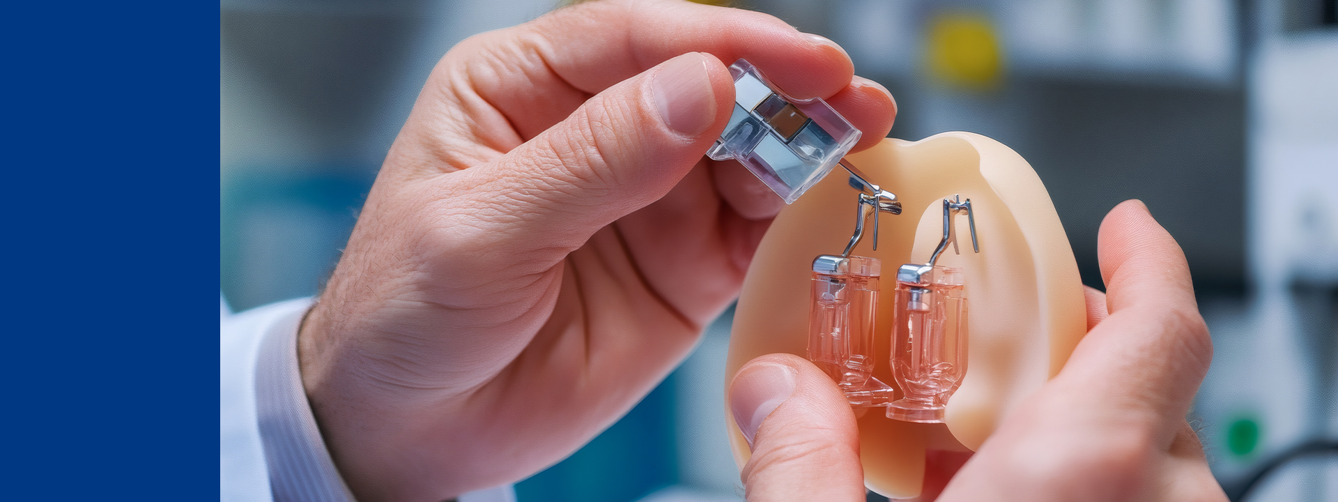 Close-up of a person’s hands holding a medical device prototype with transparent and metallic components, illustrating MDS Consulting’s focus on precision and control in medical device design.