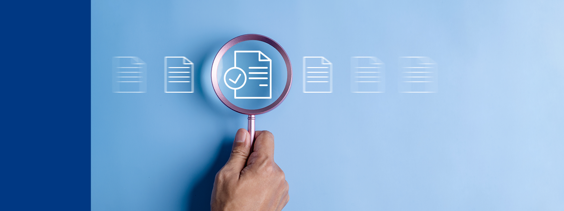  Hand holding a magnifying glass over a document icon with a checkmark, highlighting the review and approval process, symbolizing MDS Consulting’s commitment to excellence in technical documentation 