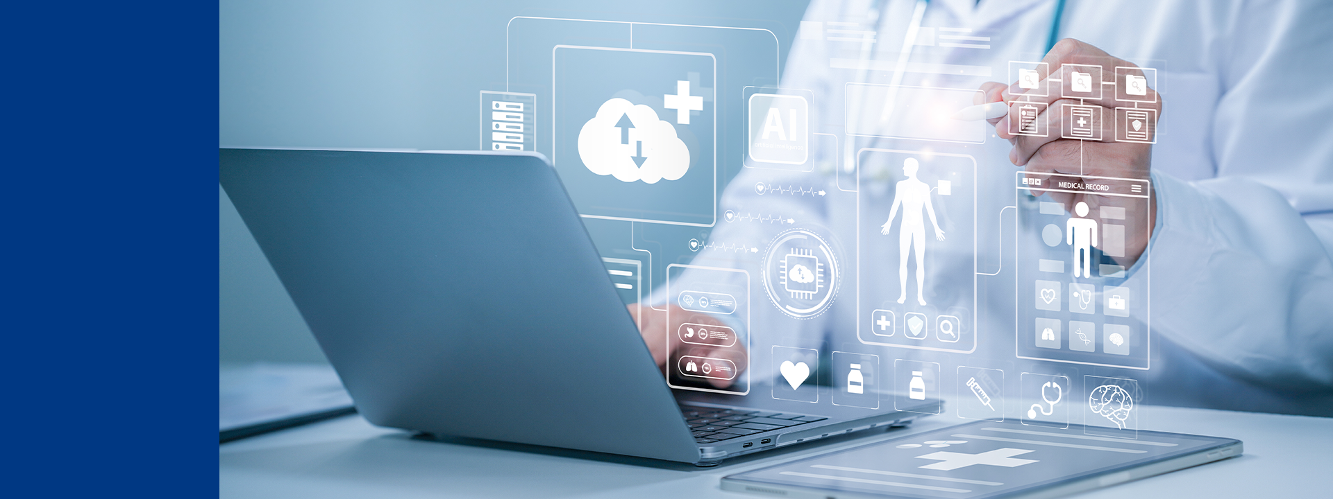 Medical professional using a laptop, with holographic healthcare icons representing data analytics, AI, and medical records,illustrating MDS Consulting’s approach to post-marketing surveillance through advanced digital tools.