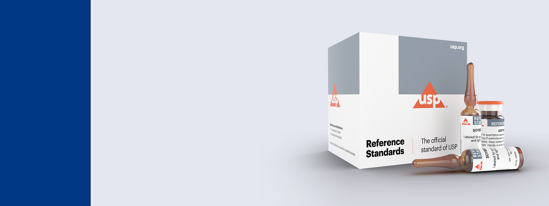 Box displaying a USP logo with the wording reference standards - the official standard of usp and also some vials to the right