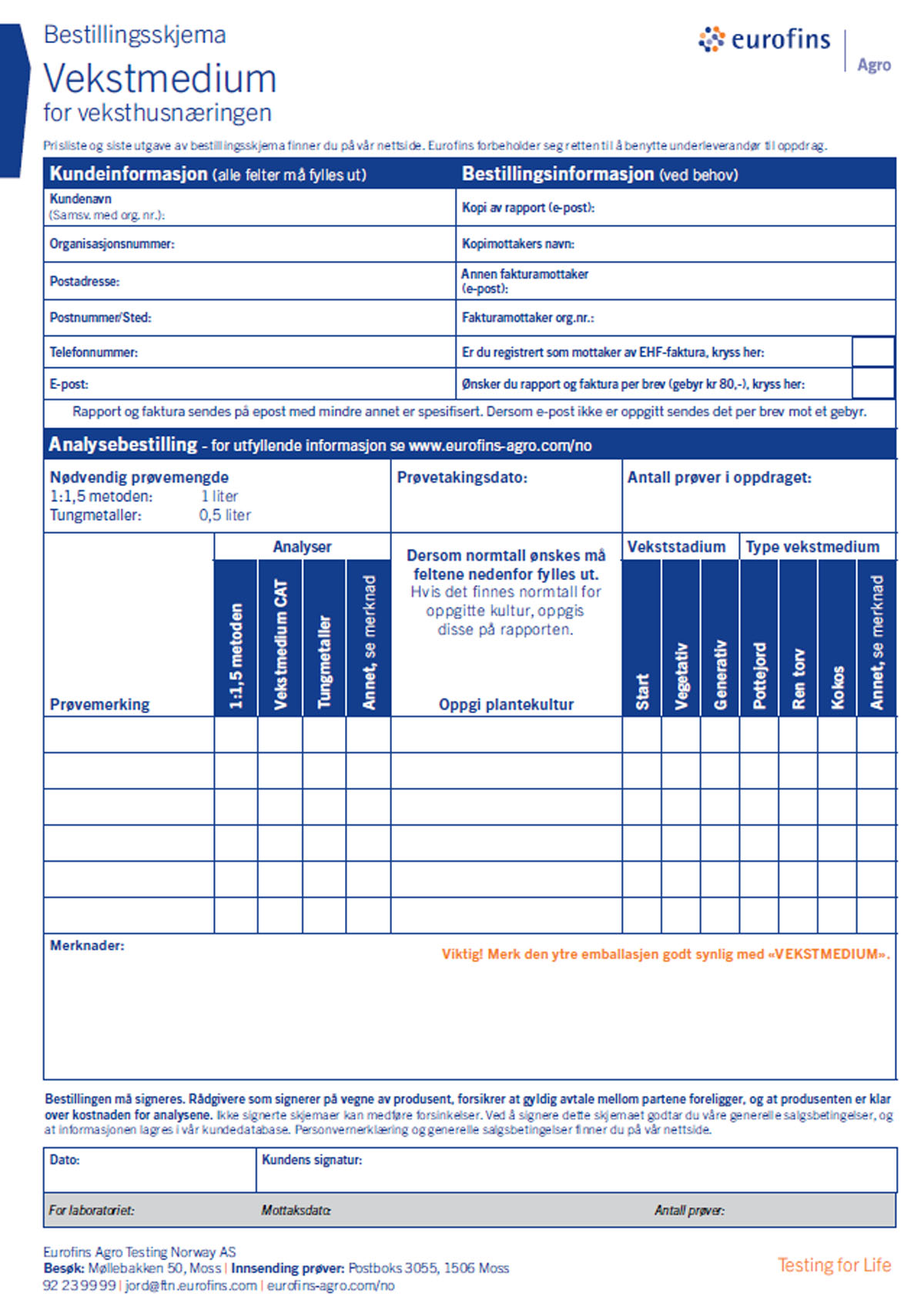 Bestillingsskjema - Vekstmedium - Eurofins Agro