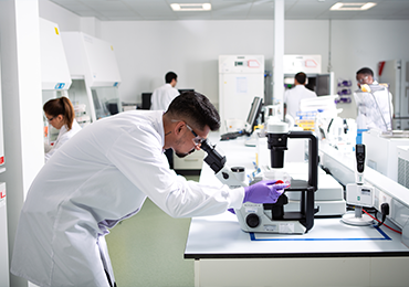 Mehrere Laborfachkräfte arbeiten in einem modern ausgestatteten Labor; im Vordergrund Nutzung eines Mikroskops, im Hintergrund weitere wissenschaftliche Tätigkeiten.