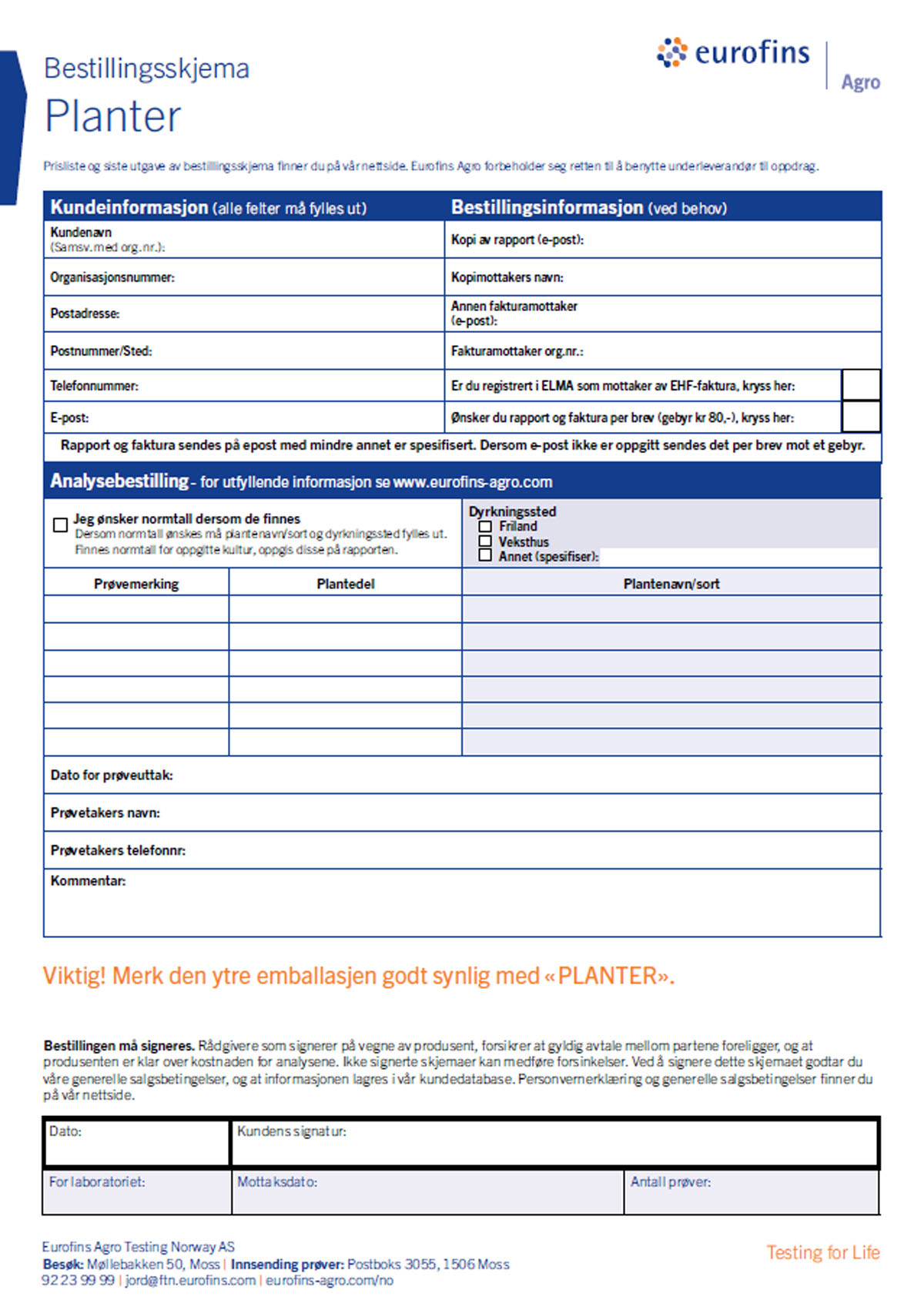 Bestillingsskjema - Planter - Eurofins Agro