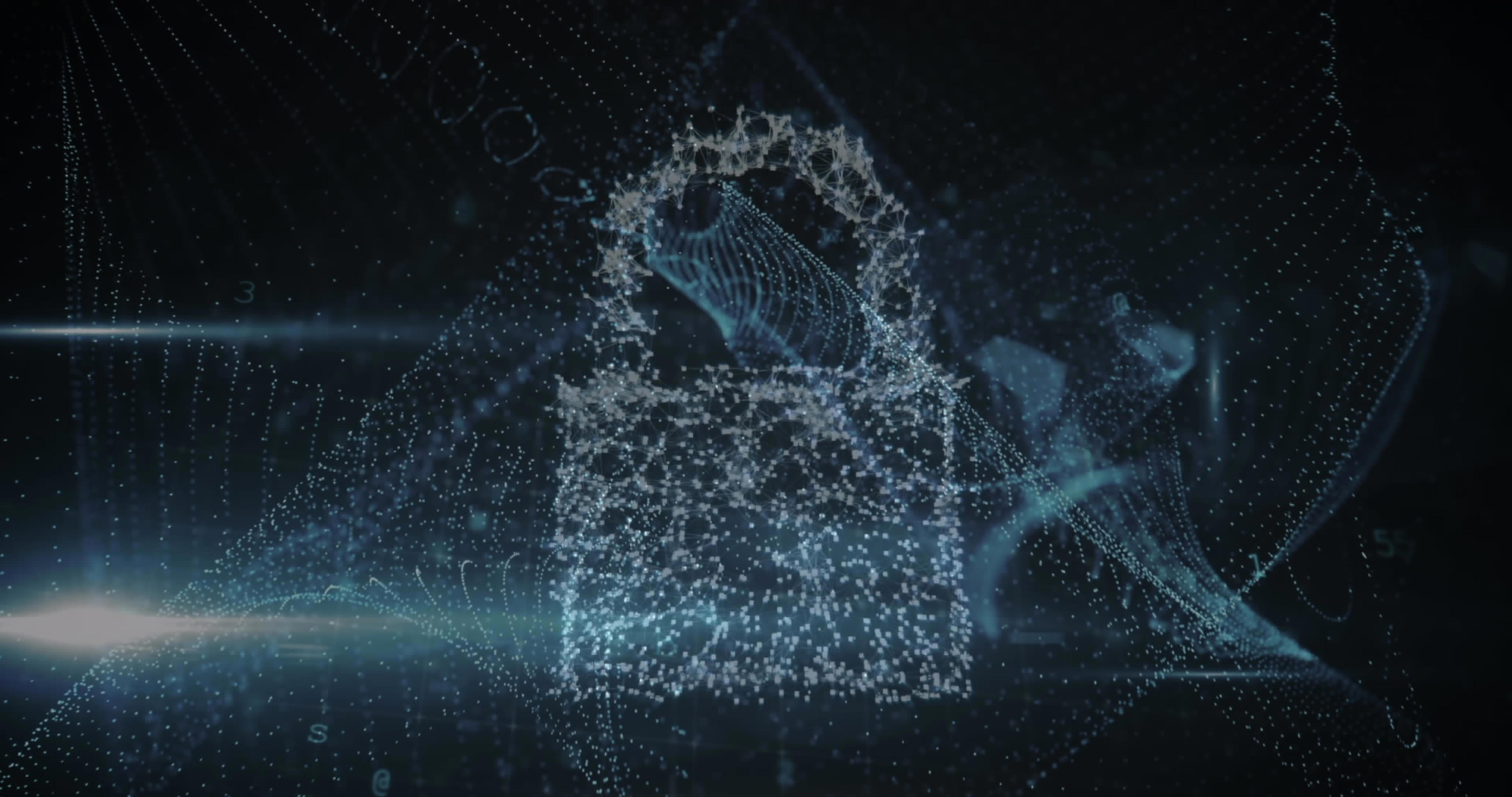 Digitales Symbol eines Vorhängeschlosses aus Partikeln vor einem Hintergrund mit Netzwerkstrukturen.