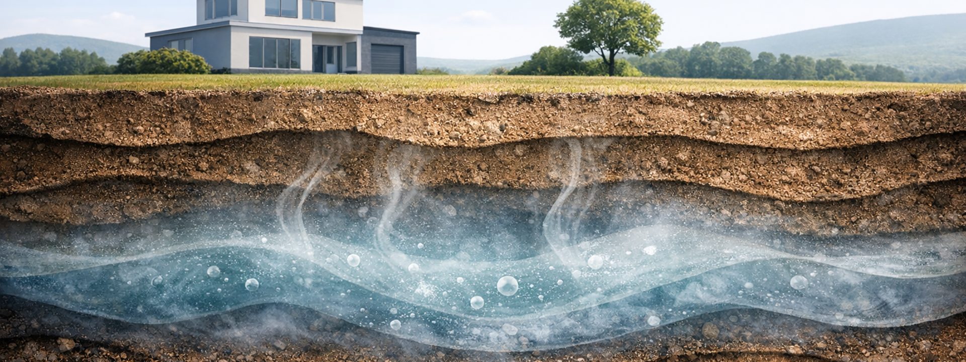 Cross-section of soil beneath a building showing soil gas.