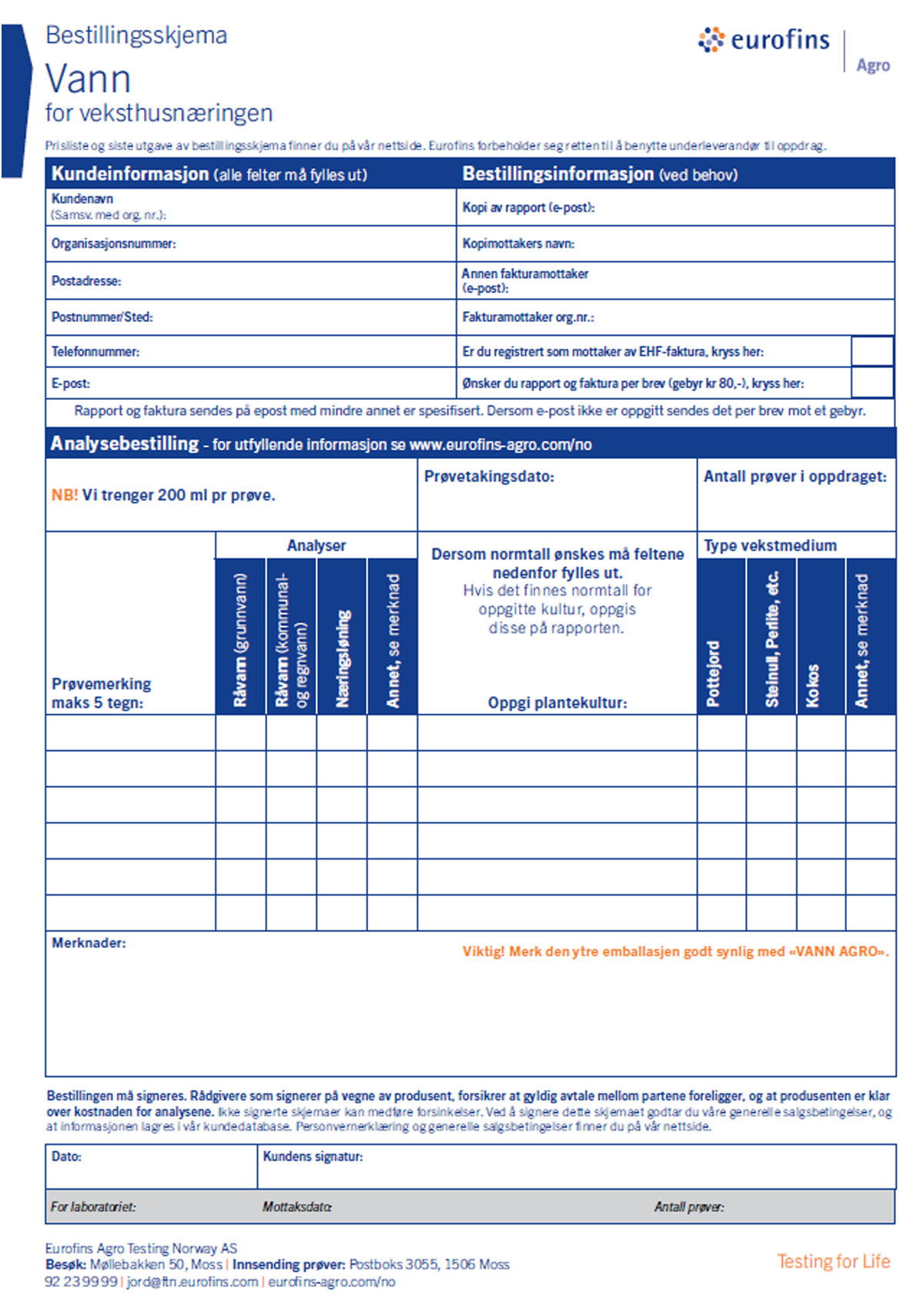 Bestillingsskjema - Vann - Eurofins Agro