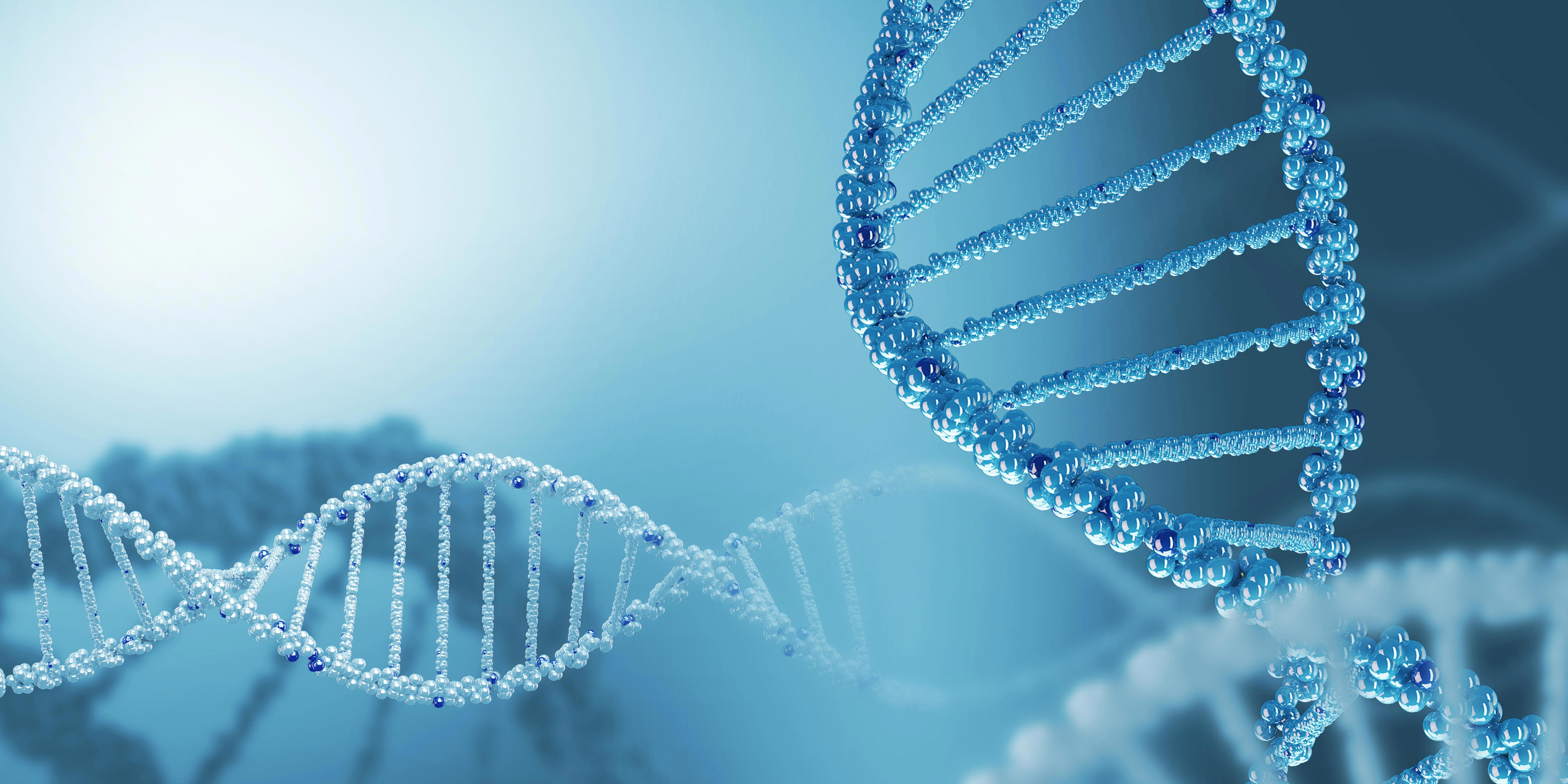 Close-up of a blue DNA double helix on a blue background, highlighting its twisted ladder-like structure.