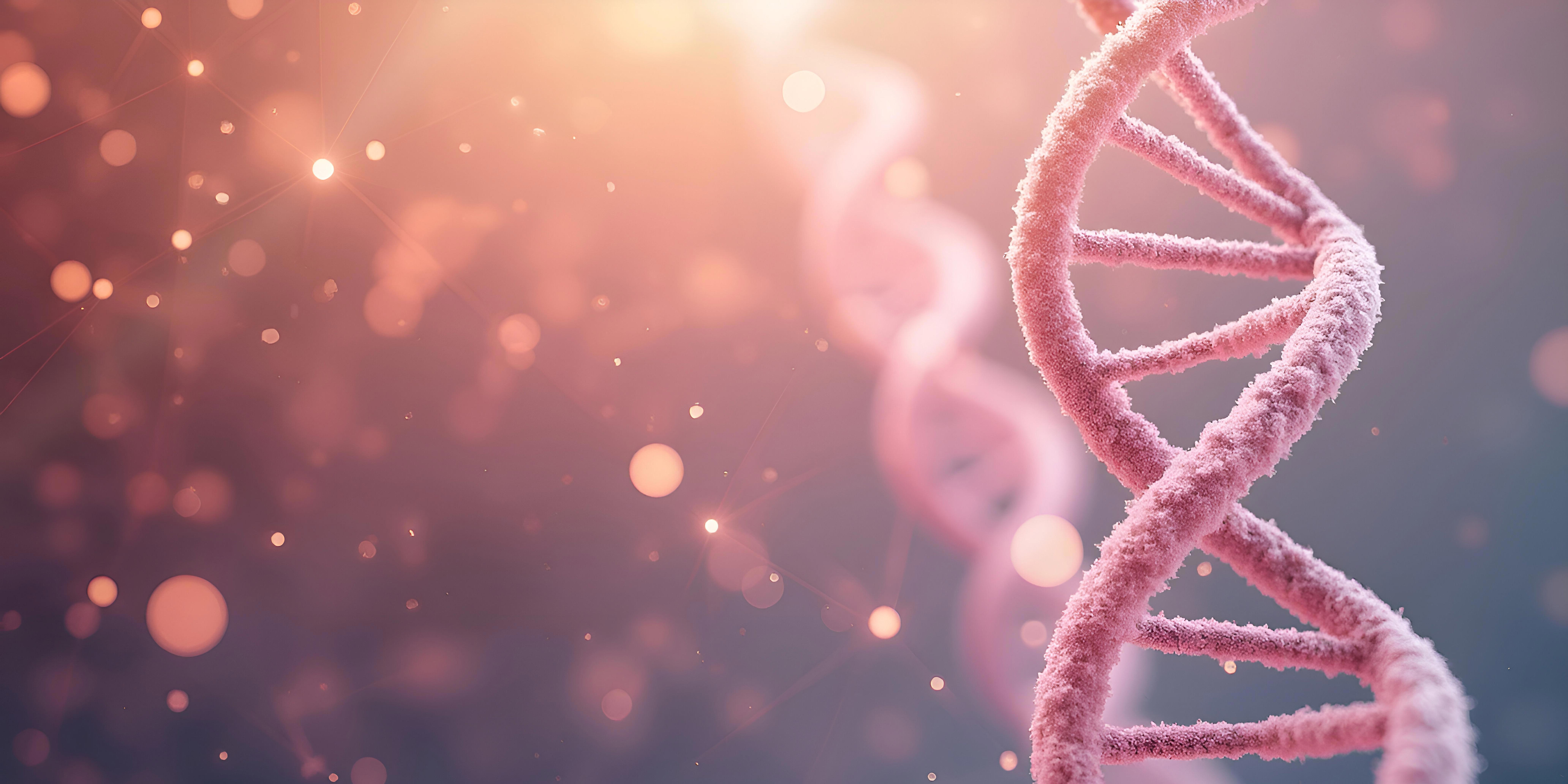Close-up of a pinkish DNA double helix with a gradient background of soft pink and purple, featuring light particles.
