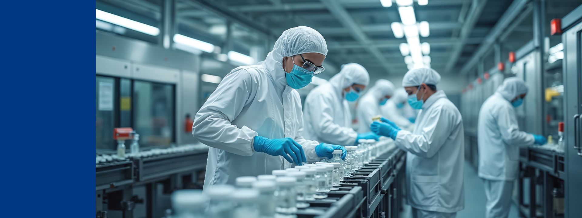 Techniciens en salle blanche inspectant des flacons sur une ligne de production pharmaceutique, illustrant les processus de libération de médicaments et de substances actives ainsi que les études de stabilité menées selon des normes strictes de contrôle qualité et de conformité réglementaire chez Eurofins BioPharma Product Testing.