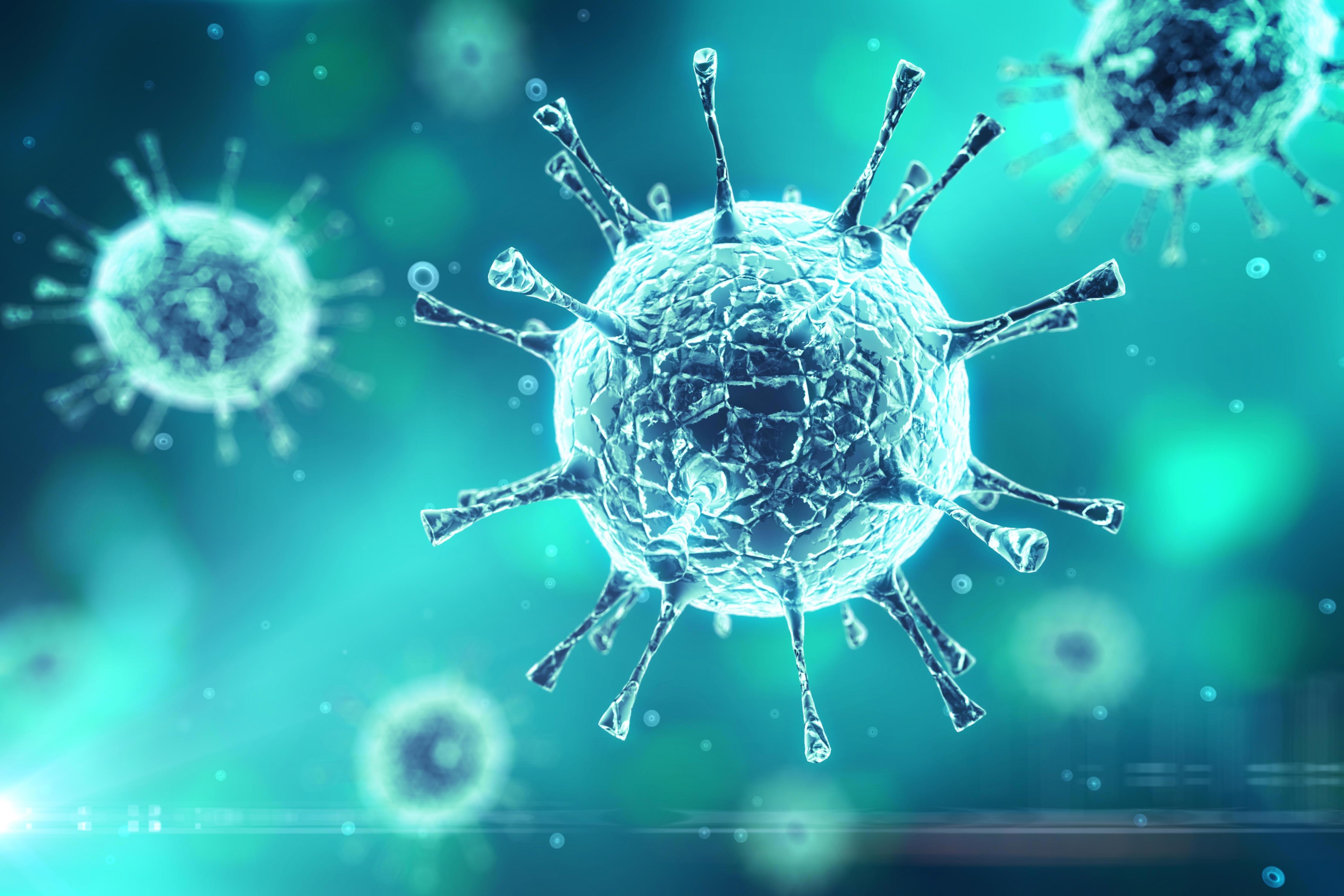 A close-up, detailed 3D rendering of a virus particle. The virus has a spherical shape with numerous spike-like protrusions extending from its surface. The background is a gradient of teal and green hues, giving the image a scientific and microscopic view.
