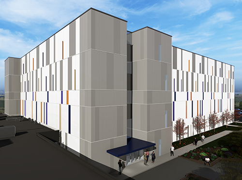 Photographie du bâtiment principal d’Eurofins CDMO, structure moderne à plusieurs étages avec une façade blanche ornée de lignes verticales colorées. L’entrée principale est couverte par un auvent bleu, et plusieurs personnes circulent sur le trottoir adjacent. Le bâtiment est situé dans un environnement urbain avec quelques arbres, sous un ciel partiellement nuageux.
