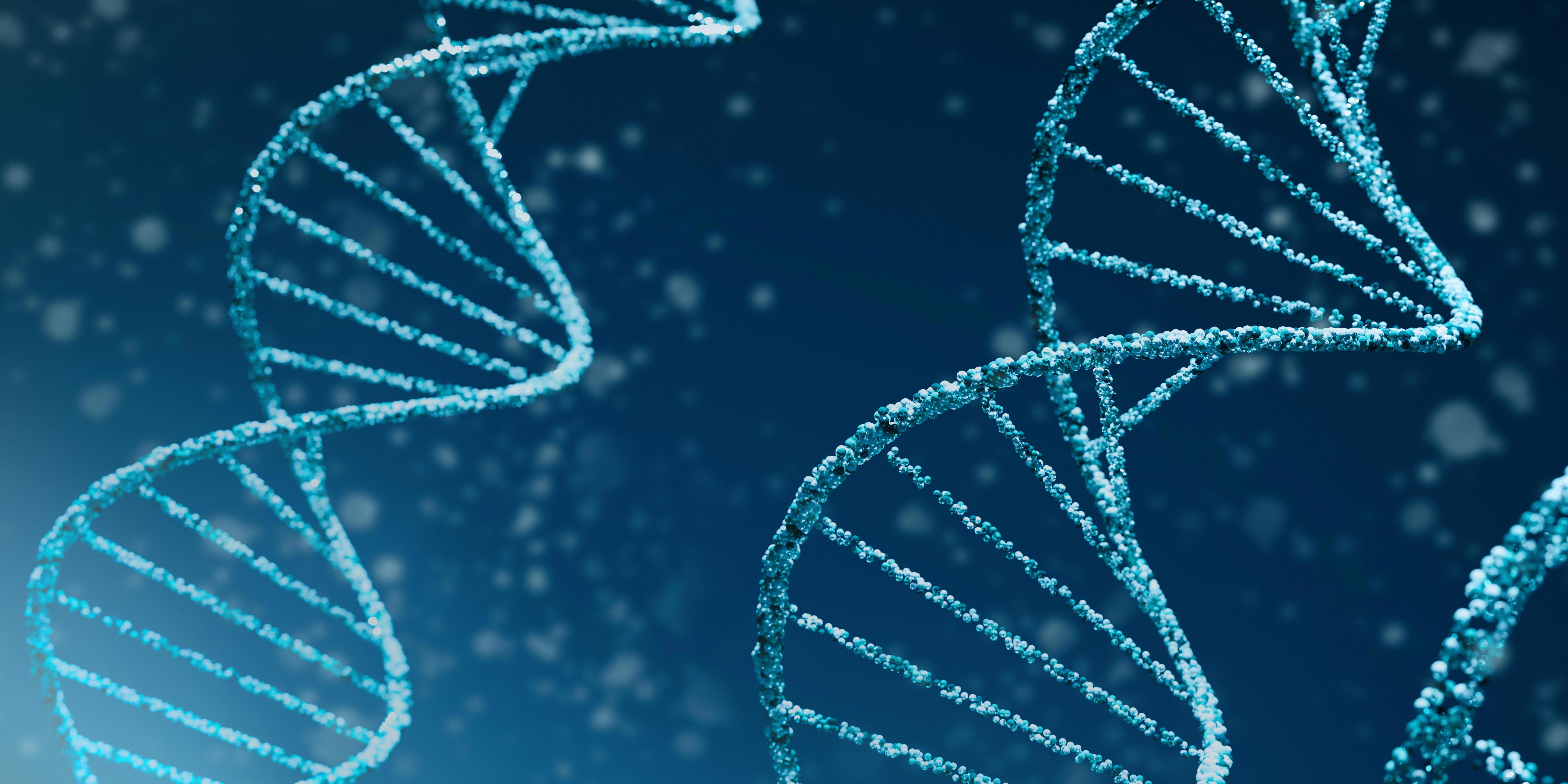 Close-up of two blue DNA double helix structures with a sparkling, crystalline texture against a dark blue background with scattered light particles.