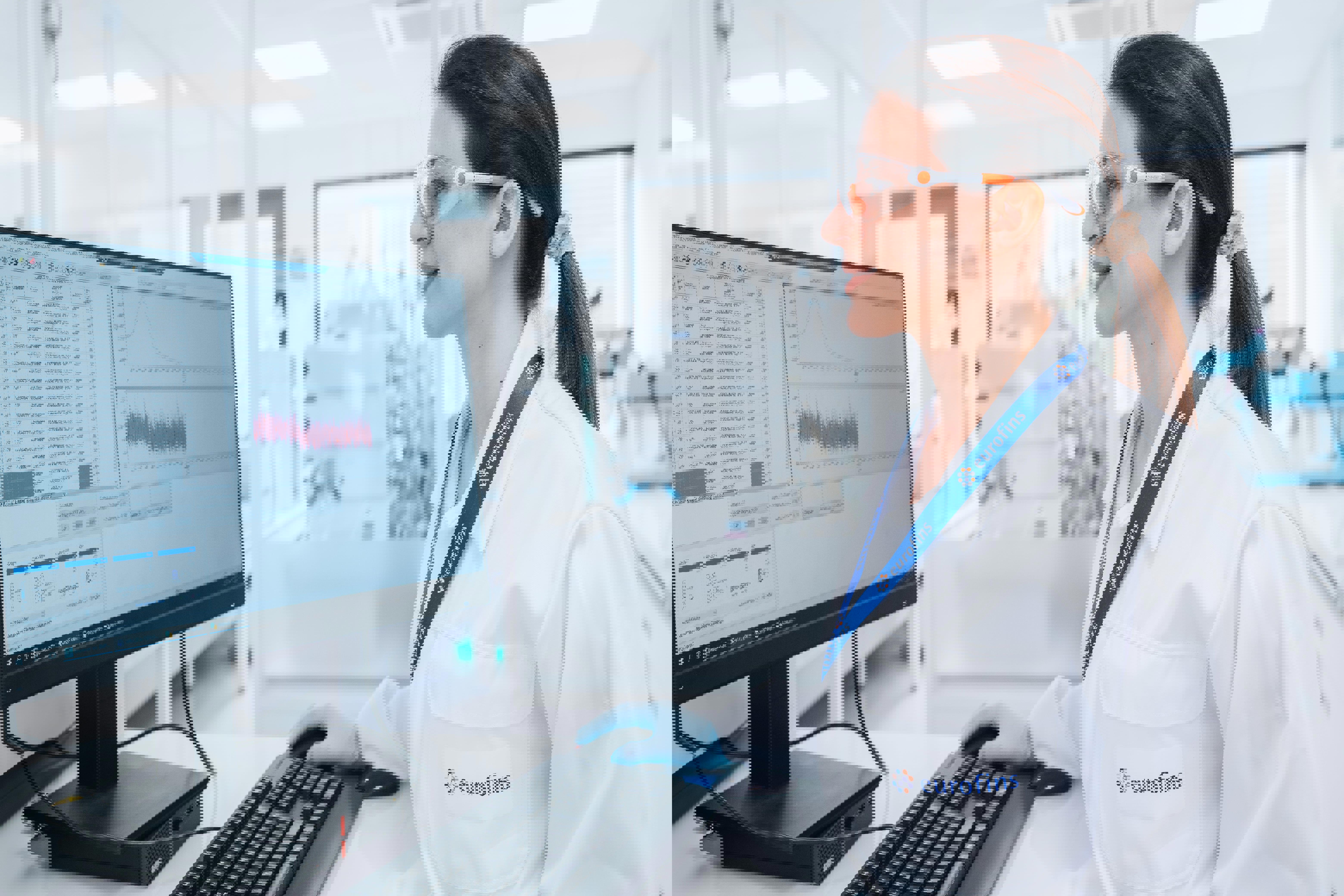Une technicienne de laboratoire Eurofins BioPharma Product Testing, équipé d’une blouse blanche, de lunettes de sécurité et de gants bleus, interprète des données scientifiques sur un logiciel d’analyse spécialisé. L’écran affiche des courbes spectrales, des tableaux de résultats et des interfaces dédiées à l’analyse physico-chimique ou moléculaire, dans le cadre de protocoles conformes aux Bonnes Pratiques de Fabrication (BPF/GMP) et à la norme ISO 17025.