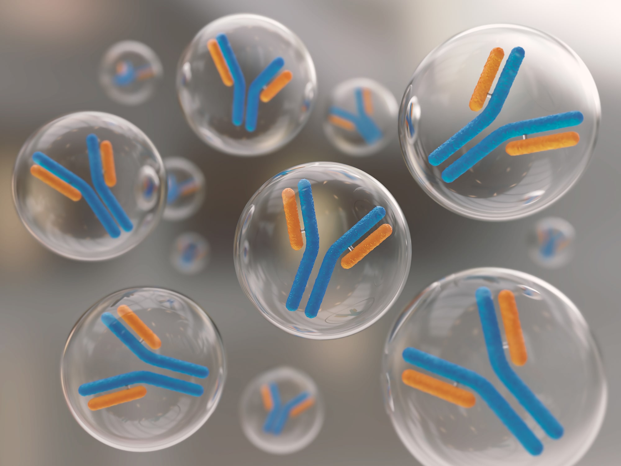 Illustration 3D d’anticorps monoclonaux (mAbs) stylisés flottant dans un environnement moléculaire, représentant des biomolécules thérapeutiques complexes. Chaque anticorps est représenté par une structure en Y, symbolisant leur capacité de liaison spécifique aux antigènes. Eurofins BPT illustre ses services analytiques avancés dédiés à la caractérisation, au contrôle qualité et à la sécurité des grosses molécules biopharmaceutiques, conformément aux exigences réglementaires internationales (ICH, BPF/GMP).