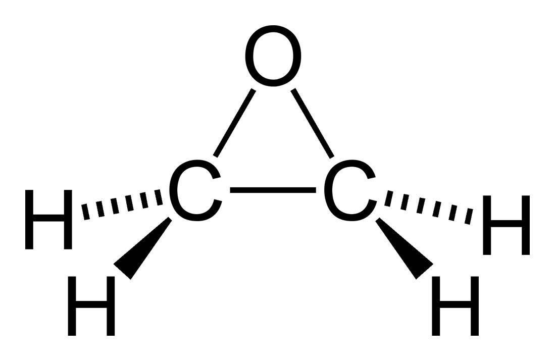 Représentation tridimensionnelle de la structure chimique de l’oxyde d’éthylène, composé cyclique à trois atomes formé de deux carbones et un oxygène, utilisé comme agent de stérilisation. L’image illustre les résidus potentiels de stérilisation analysés par Eurofins BioPharma Product Testing dans le cadre du contrôle qualité des produits pharmaceutiques.