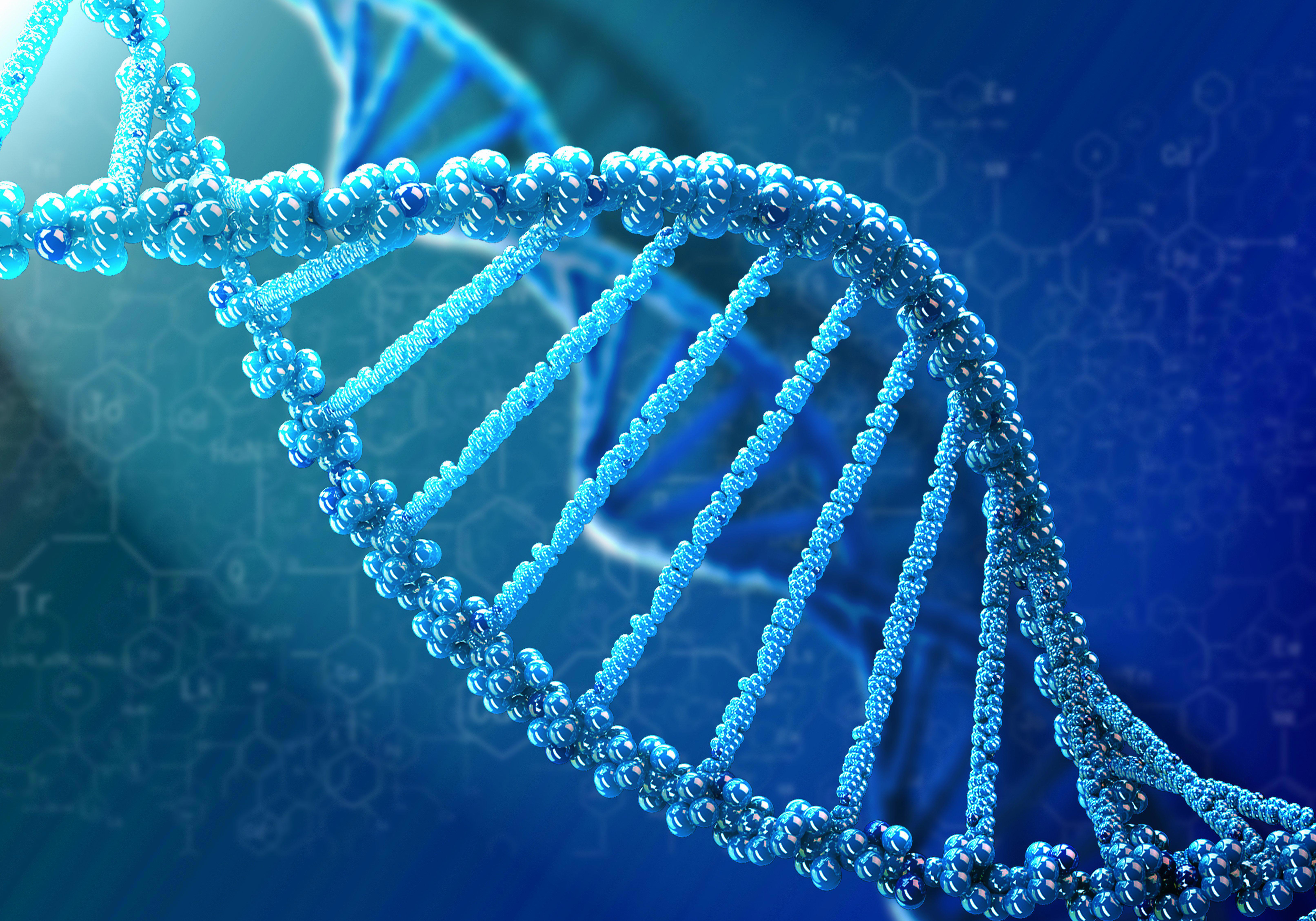 The image shows a close-up view of a DNA double helix structure, depicted in blue with the characteristic twisted ladder shape formed by pairs of nitrogenous bases. The background features a gradient of blue shades with faint chemical structures and molecular diagrams, adding to the scientific context.