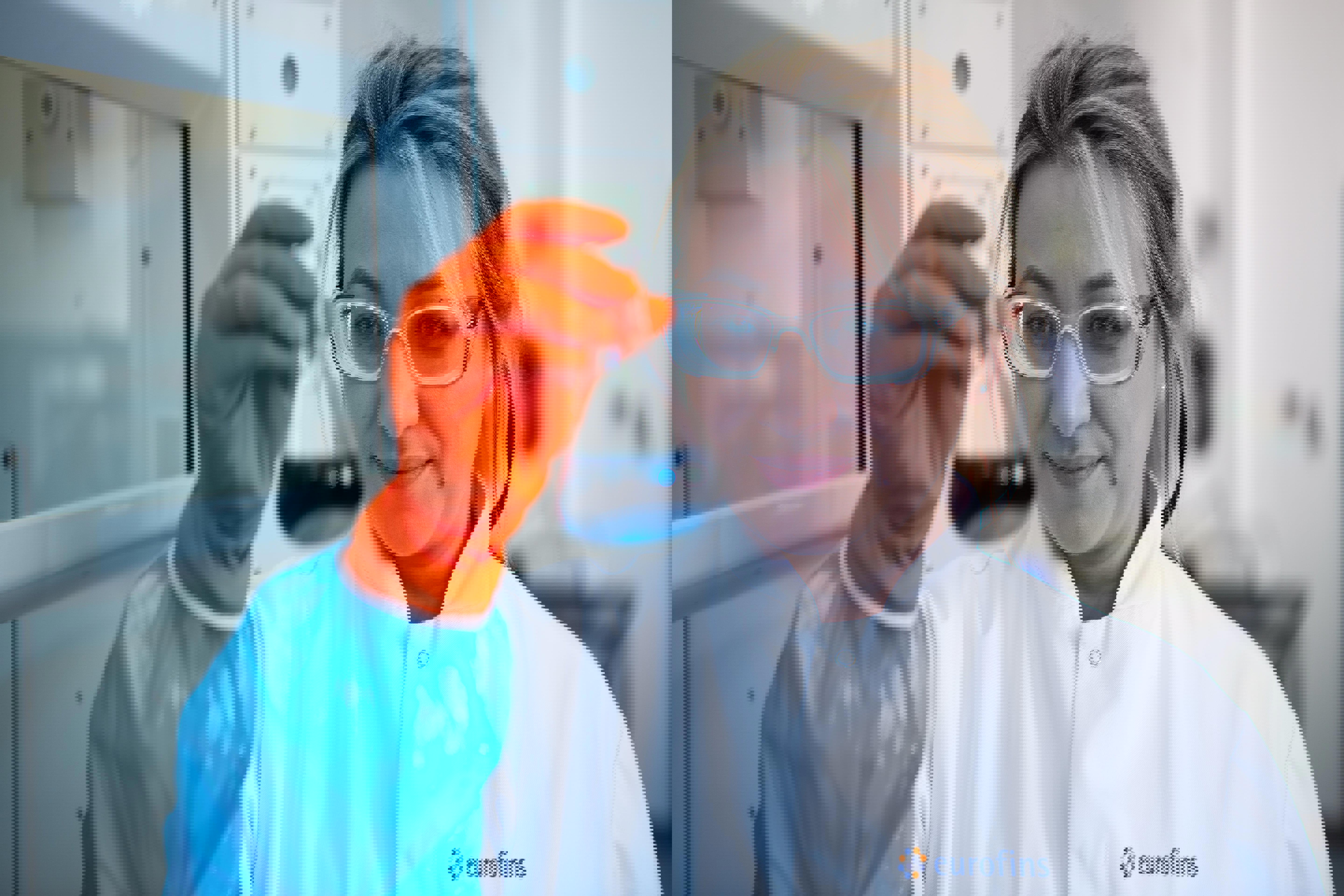 Scientifique en blouse Eurofins BioPharma Product Testing réalisant une étape de développement ou de validation de méthode analytique en laboratoire. L’image montre un technicien équipé de gants de protection orange, de lunettes de sécurité et manipulant un bécher contenant un liquide, illustrant les processus de qualification, d’optimisation et de validation selon les normes ICH et BPF/GMP.
