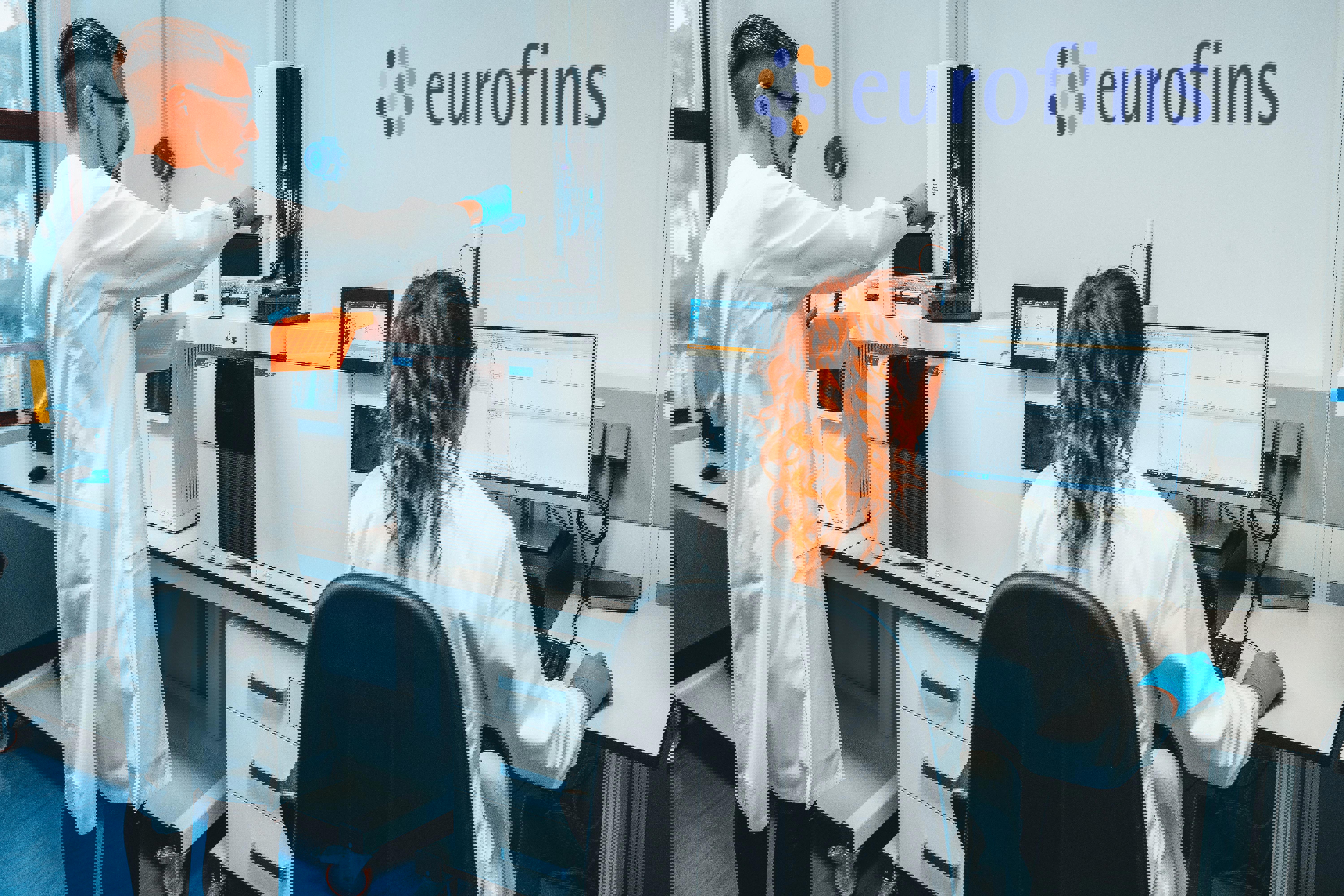 Laboratoire Eurofins BioPharma Product Testing équipé de technologies avancées, où deux analystes réalisent des tests pharmaceutiques. L’un manipule un instrument analytique, l’autre traite les données sur ordinateur. L’environnement high-tech reflète l’expertise d’Eurofins dans les essais cliniques, les tests de conformité, les études d’Extractibles et Relargables, et le contrôle qualité des produits biopharmaceutiques.