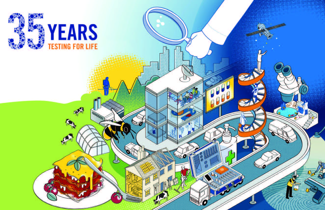 Illustration commémorative des 35 ans d’Eurofins BioPharma Product Testing, représentant les services de tests pour la vie : laboratoires, chercheurs, transport d’échantillons, et secteurs clés comme la pharmacie, l’agroalimentaire, l’environnement et la santé animale. Visuel symbolisant l’engagement d’Eurofins dans l’innovation scientifique et la sécurité des produits.
