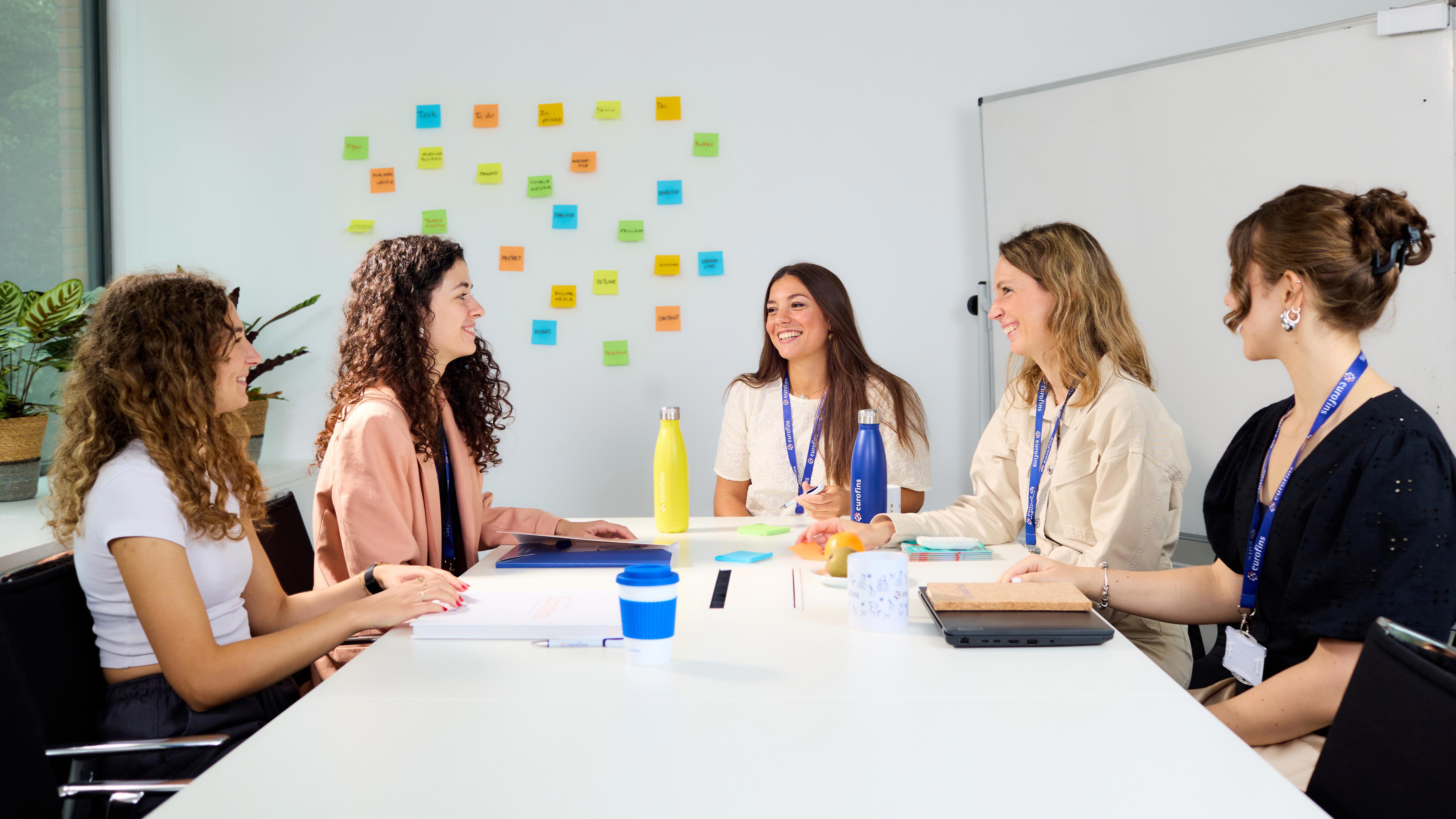Five people in a meeting room discussing a topic.  On the wall there are coloured sticky notes and a mobile whiteboard behind the two people on the right.