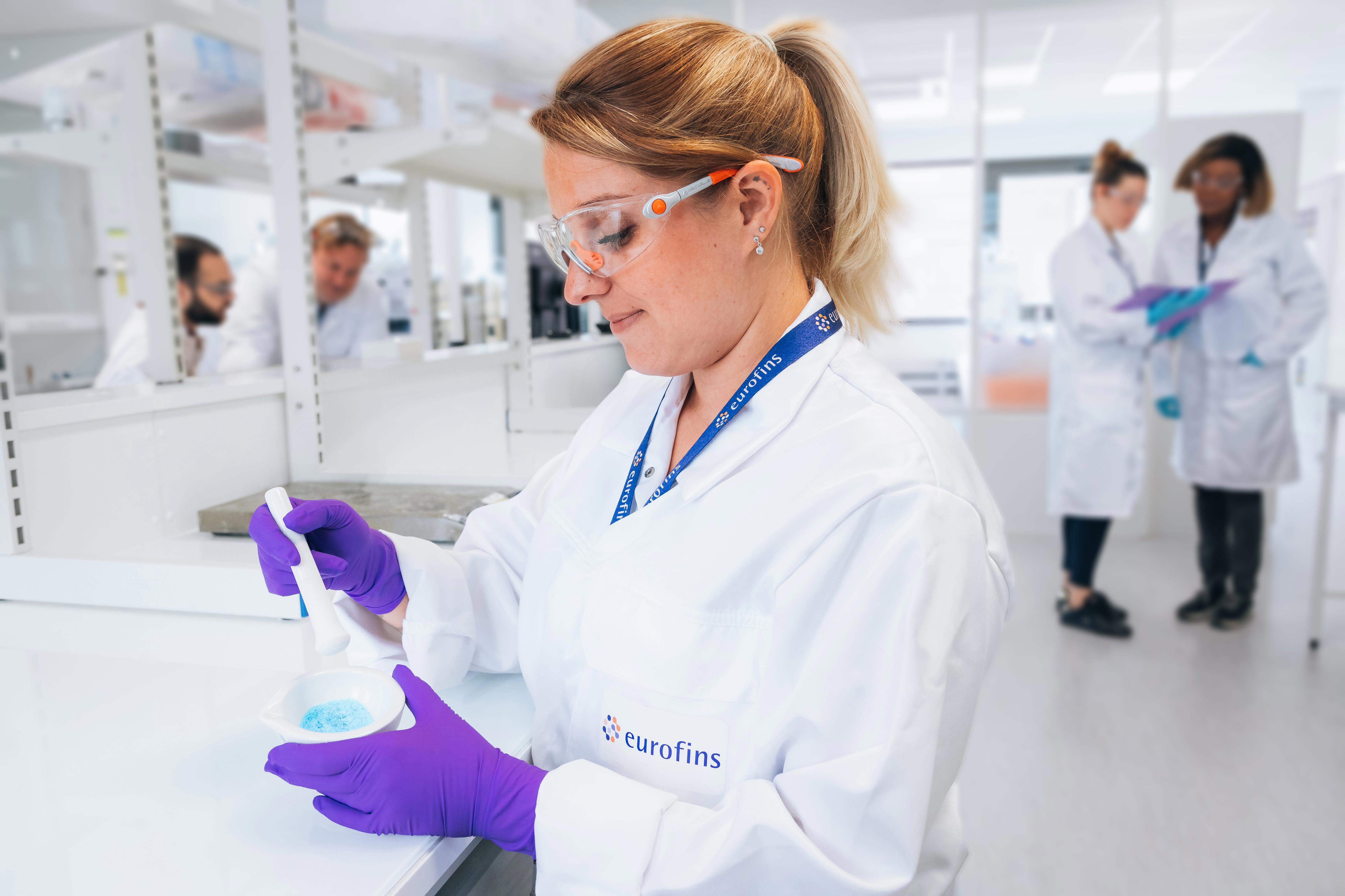 Scientifique d’Eurofins BioPharma Product Testing portant une blouse blanche avec le logo Eurofins, des gants violets et des lunettes de protection, en train de broyer une substance bleue à l’aide d’un mortier et d’un pilon dans un laboratoire moderne. En arrière-plan, deux autres collaborateurs discutent avec des documents, illustrant les activités de caractérisation des poudres et d’analyse physico-chimique dans un environnement conforme aux normes BPF.