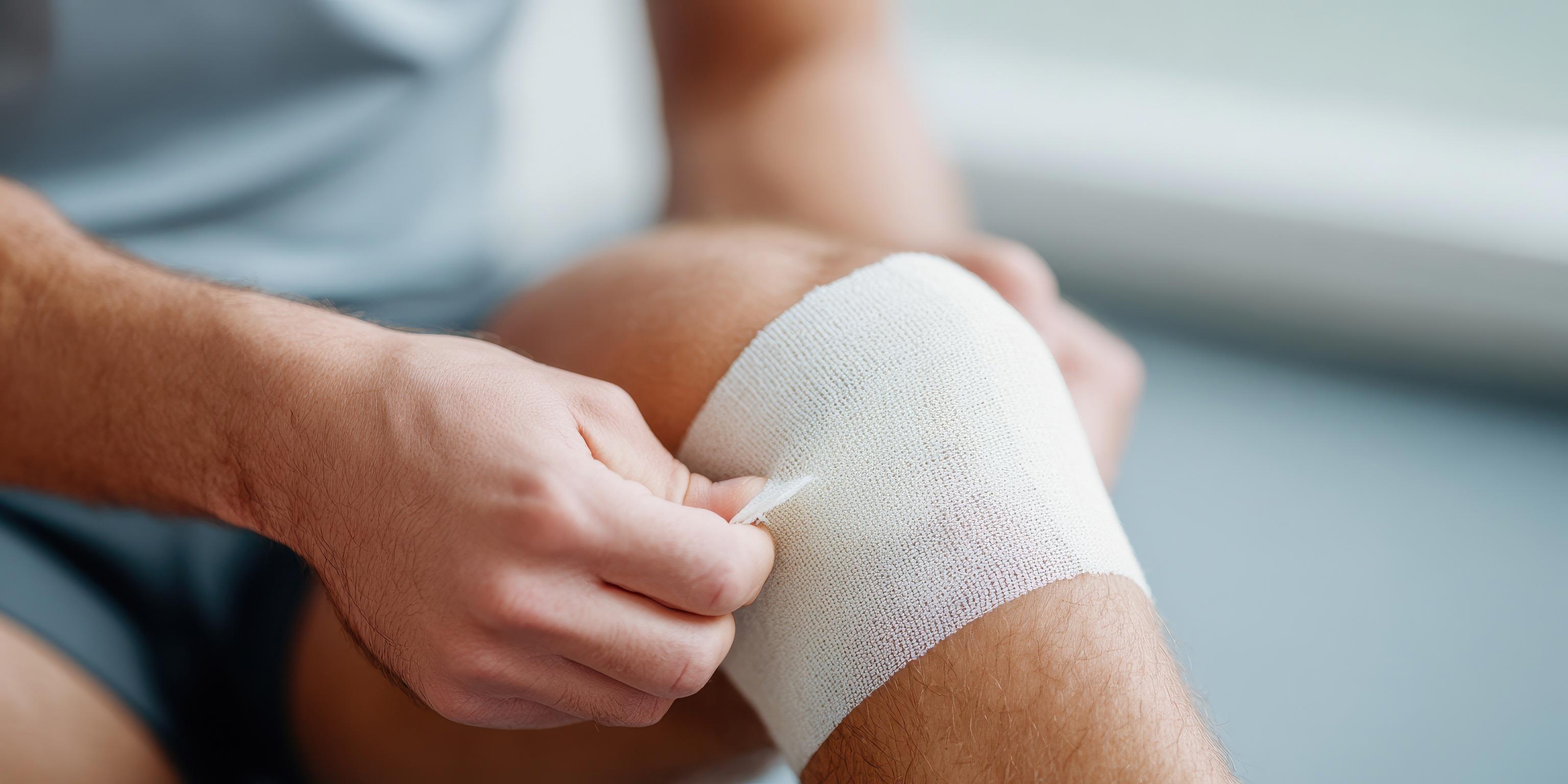 person-applying-or-adjusting-a-white-bandage-to-an-injured-knee-emphasizing-first-aid-self-care-injury-recovery-and-health-management
