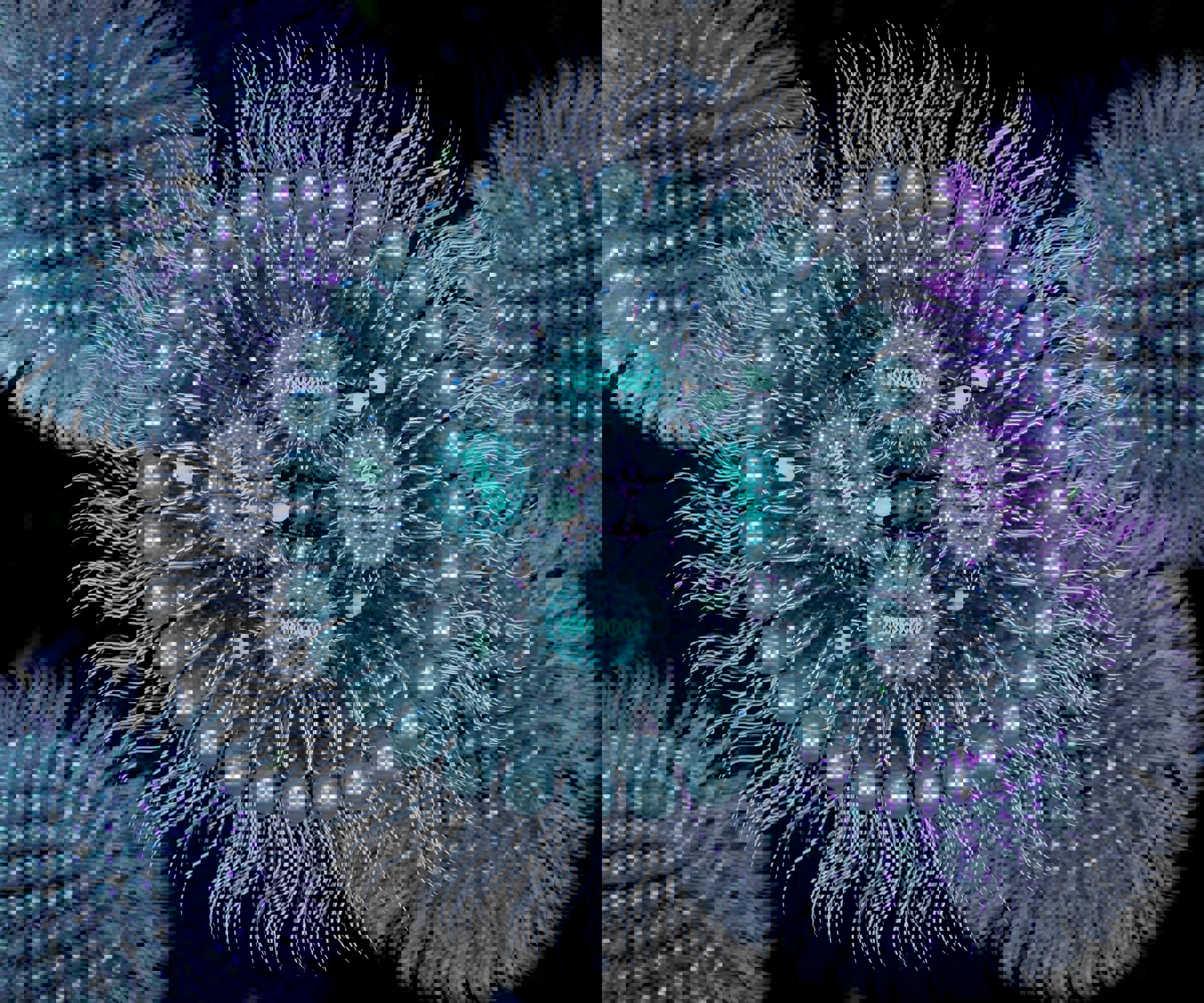 Représentation graphique stylisée de particules virales, illustrant des structures sphériques avec des filaments externes et des noyaux lumineux en bleu cyan. Cette image est utilisée par Eurofins BioPharma Product Testing pour illustrer ses expertises en analyse biopharmaceutique, notamment dans le cadre des tests de sécurité, de qualité et d'efficacité des produits pharmaceutiques à base d'ARN messager (mRNA).