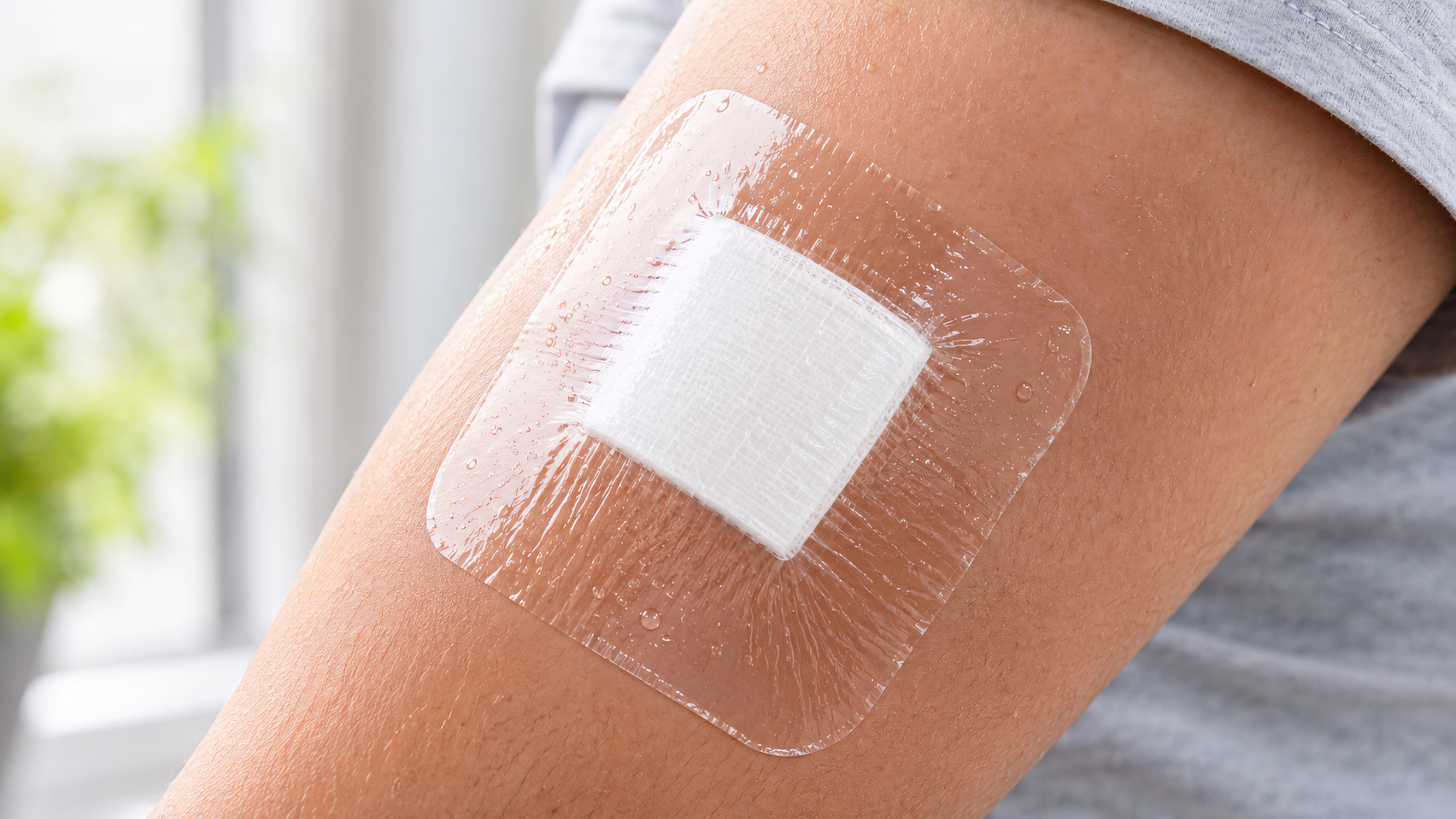 transparent-waterproof-medical-film-dressing-securely-applied-over-a-sterile-white-gauze-pad-on-an-arm
