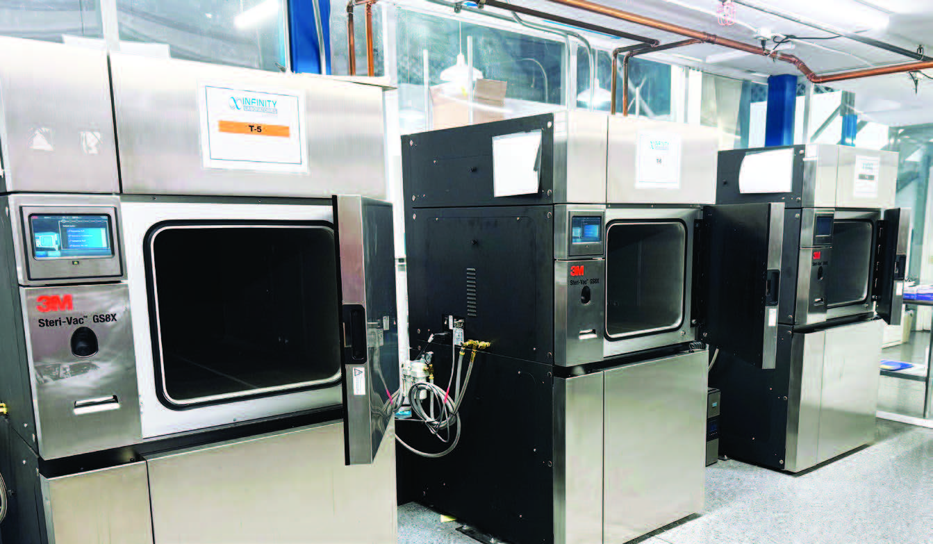Vue de trois autoclaves industriels en acier inoxydable, dont un modèle 3M Steri-Vac GS8X, utilisés par Eurofins BioPharma Product Testing pour la stérilisation en environnement contrôlé. Chaque appareil est équipé d’un écran numérique et de commandes frontales, illustrant les équipements de pointe utilisés pour garantir la conformité aux normes de qualité pharmaceutique.
