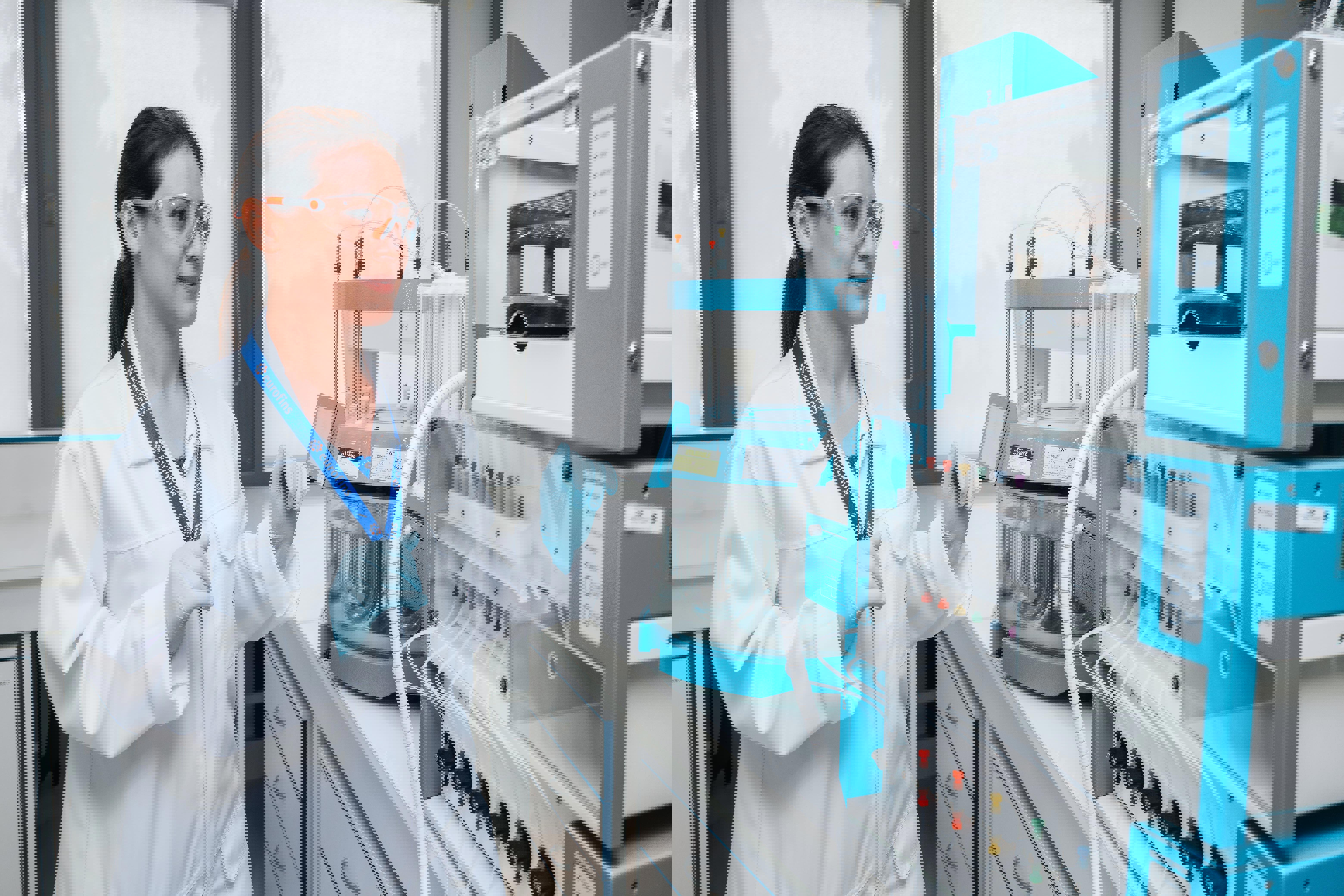 Technicienne de laboratoire Eurofins Biopharma Product Testing réalisant une étude d’efficacité de désinfectants sur un système automatisé en environnement stérile. L’image reflète la rigueur scientifique, la conformité aux normes BPF et l’analyse microbiologique appliquée au contrôle de la contamination dans les zones critiques.