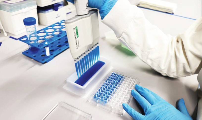 Technicien d’Eurofins BioPharma Product Testing utilisant un pipeteur multicanaux pour distribuer un liquide bleu dans une plaque à puits multiples. L’opération se déroule dans un laboratoire équipé de matériel de biologie moléculaire, illustrant la précision et la rigueur des manipulations analytiques réalisées dans un environnement contrôlé.