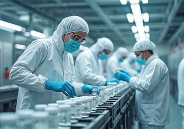 Techniciens de laboratoire en salle blanche manipulant des flacons pharmaceutiques dans un environnement stérile, illustrant les contrôles qualité réalisés par Eurofins Biopharma Product Testing pour garantir la stabilité, la libération contrôlée et la sécurité des substances médicamenteuses en production biopharmaceutique.
