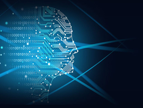 Illustration stylisée d’un profil de tête humaine composé de circuits électroniques et de motifs binaires (0 et 1), sur fond sombre traversé de lignes lumineuses bleues. Cette image symbolise l’intelligence artificielle et les technologies numériques, représentant l’engagement d’Eurofins BioPharma Product Testing dans l’innovation et l’utilisation de solutions technologiques avancées pour les tests biopharmaceutiques.