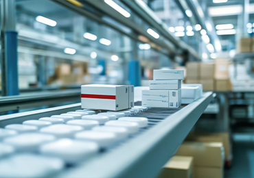 Industrial conveyor line in a clean manufacturing facility, with rows of small white cylindrical items moving alongside packaged boxes, under bright overhead lighting with production equipment and shelving blurred in the background.