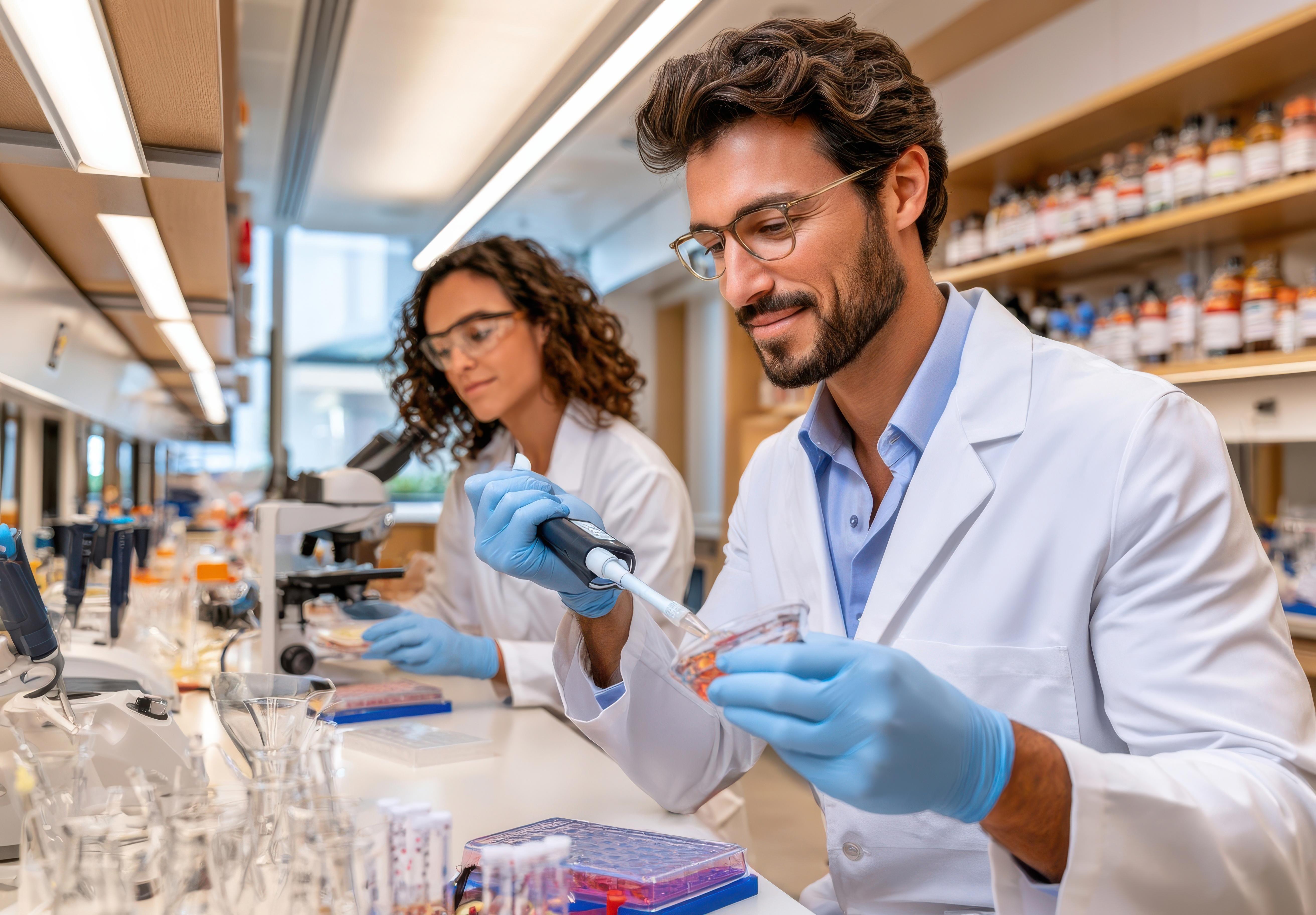 biomedical-researchers-working-in-a-contemporary-laboratory-performing-pipette-experiments-and-cell-research-together