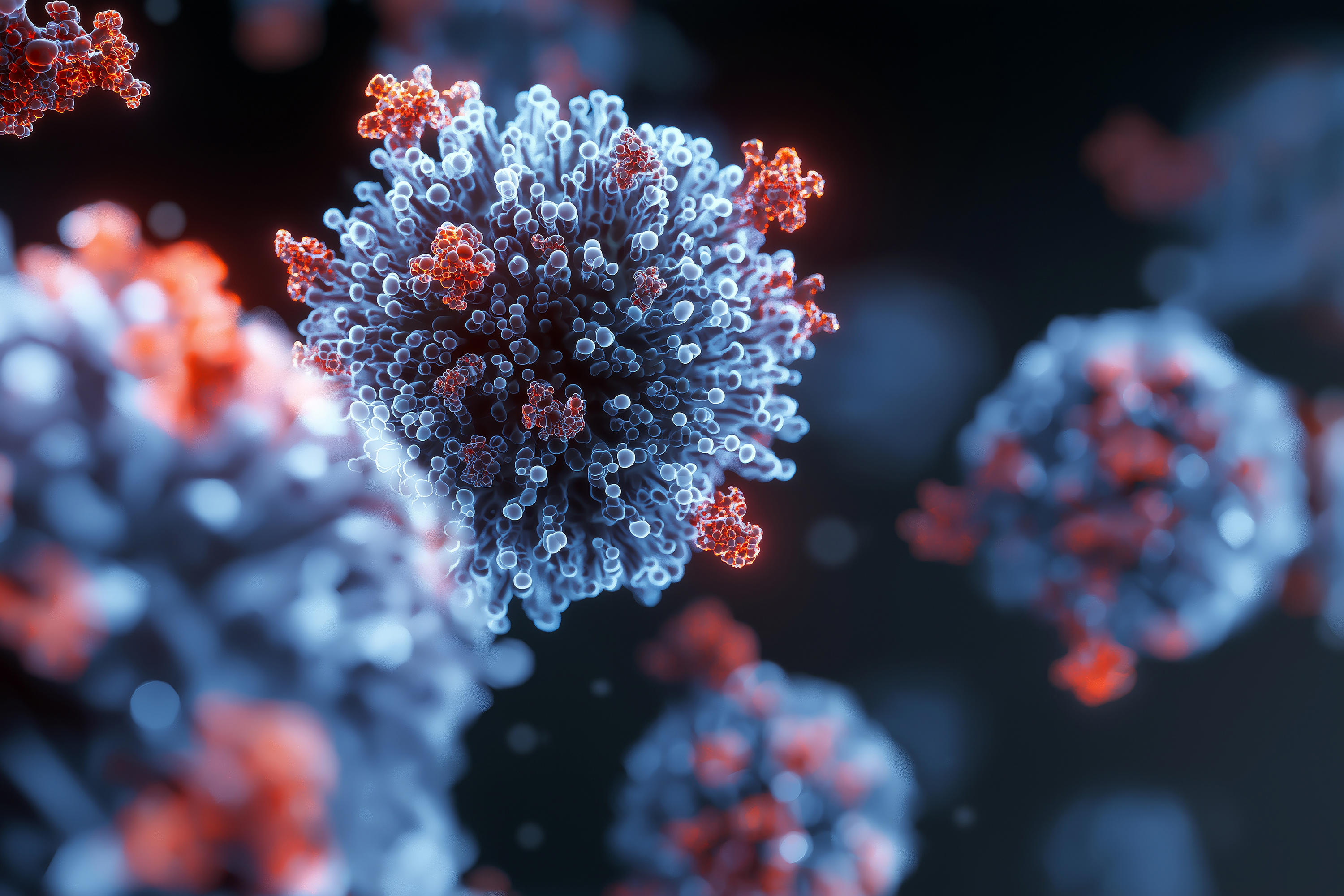 3d-microscopic-view-of-viruses-being-neutralized-by-antibodies-glowing-blue-and-red-particles_adobestock_1787541413