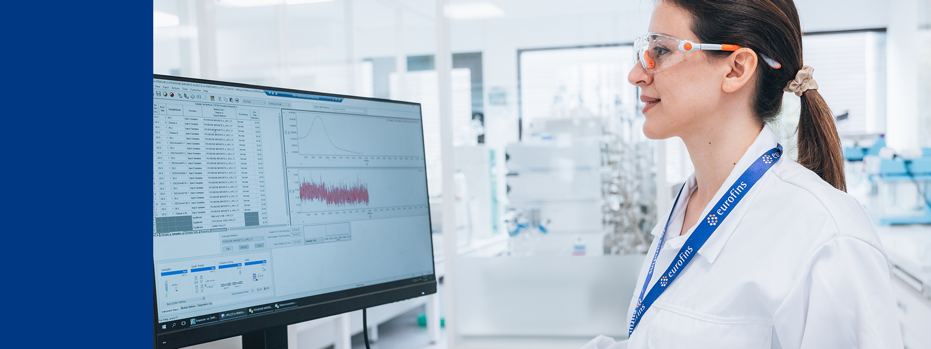 Laboratory professional wearing a white lab coat, safety glasses, and a blue lanyard standing beside a large computer monitor displaying analytical data and graphs, in a bright, modern laboratory with additional equipment visible in the background.